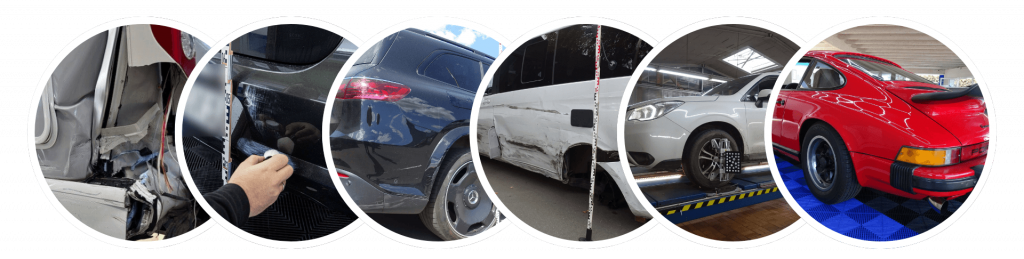 Fünf runde Bilder zeigen Autos mit unterschiedlichen Schäden und Reparaturen wie Beulen, Kratzern und einem roten Sportwagen im Ausstellungsraum